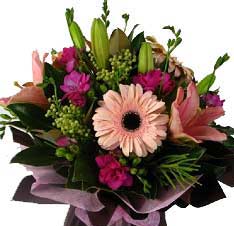 B018 Windsor - Lilies, gerberas, berries and other seasonal pink flowers bouquet free delivery to melbourne inner suburbs