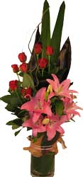 ABC Flowers st. vincent's hospital fitzroy melbourne deliver v016 monica red roses and pink oriental lilies in a tall vase melbourne wide free delivery melbourne inner suburbs