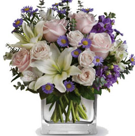 ABC Flowers Fitzroy Melbourne Deliver V021 Watercolour Wishes - Flower Vase Arrangement with Pink Roses, White Lilies, and Purple Flowers Melbourne Wide Delivery